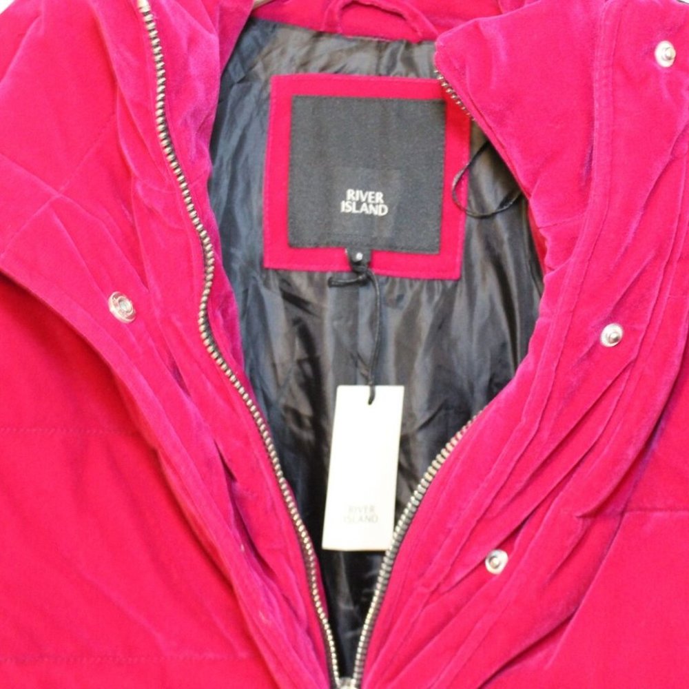 NWT River Island Velvet Hooded Padded Puffer Coat Pink Women's Size 8 H11583 - Picture 6 of 12